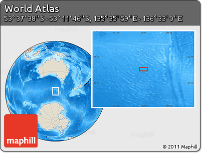 Shaded Relief Location Map of the Area around 53° 24' 42" S, 136° 4' 29" E