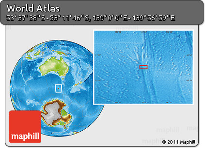 Physical Location Map of the Area around 53° 24' 42" S, 139° 28' 29" E