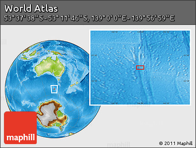Physical Location Map of the Area around 53° 24' 42" S, 139° 28' 29" E