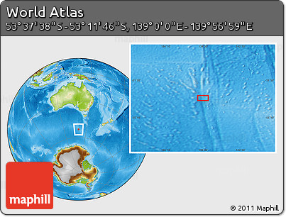 Physical Location Map of the Area around 53° 24' 42" S, 139° 28' 29" E