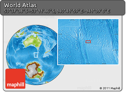 Physical Location Map of the Area around 53° 24' 42" S, 141° 10' 30" E