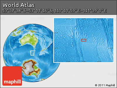 Physical Location Map of the Area around 53° 24' 42" S, 141° 10' 30" E