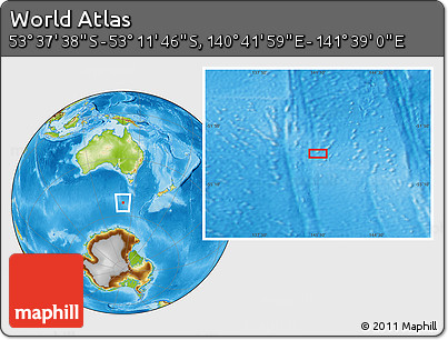 Physical Location Map of the Area around 53° 24' 42" S, 141° 10' 30" E