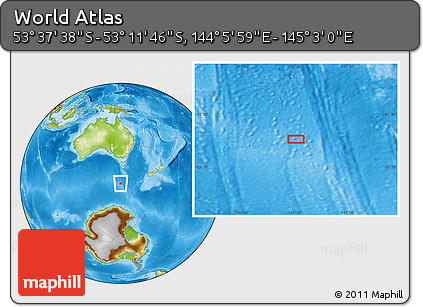 Physical Location Map of the Area around 53° 24' 42" S, 144° 34' 29" E