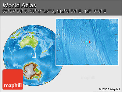 Physical Location Map of the Area around 53° 24' 42" S, 144° 34' 29" E