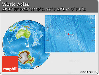 Physical Location Map of the Area around 53° 24' 42" S, 144° 34' 29" E