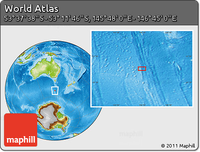 Physical Location Map of the Area around 53° 24' 42" S, 146° 16' 30" E