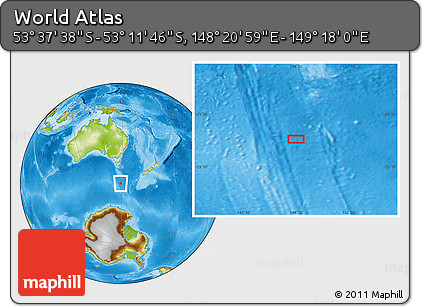 Physical Location Map of the Area around 53° 24' 42" S, 148° 49' 29" E