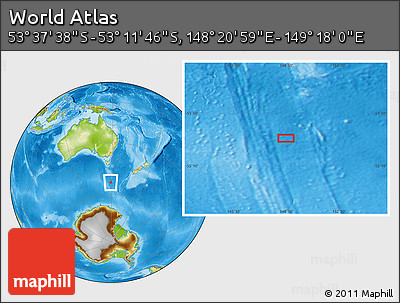 Physical Location Map of the Area around 53° 24' 42" S, 148° 49' 29" E