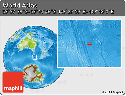 Physical Location Map of the Area around 53° 24' 42" S, 148° 49' 29" E