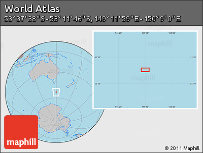 Gray Location Map of the Area around 53° 24' 42" S, 149° 40' 30" E