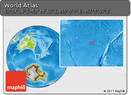 Physical Location Map of the Area around 53° 24' 42" S, 155° 37' 30" E