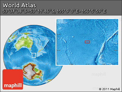 Physical Location Map of the Area around 53° 24' 42" S, 155° 37' 30" E