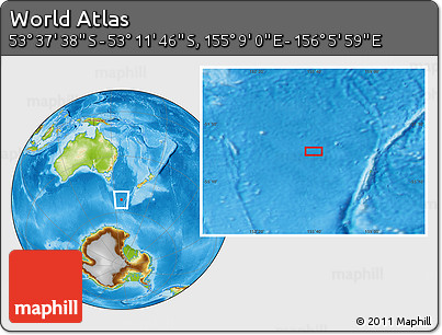 Physical Location Map of the Area around 53° 24' 42" S, 155° 37' 30" E