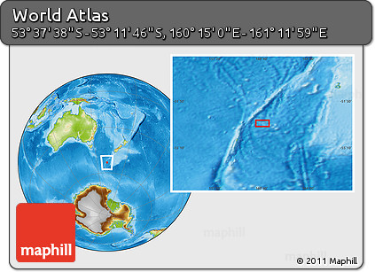 Physical Location Map of the Area around 53° 24' 42" S, 160° 43' 29" E