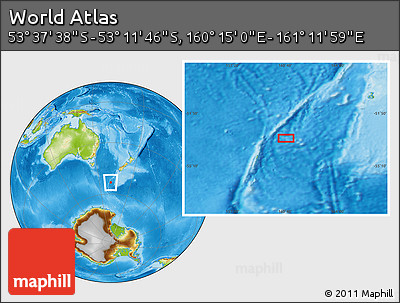 Physical Location Map of the Area around 53° 24' 42" S, 160° 43' 29" E