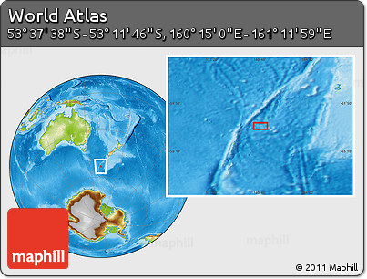 Physical Location Map of the Area around 53° 24' 42" S, 160° 43' 29" E