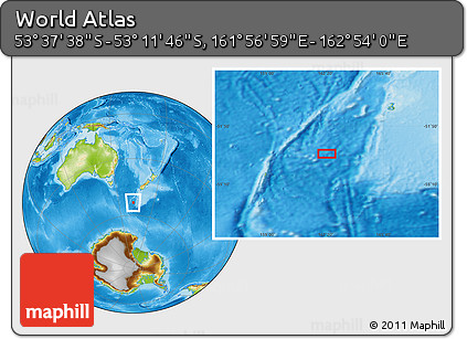 Physical Location Map of the Area around 53° 24' 42" S, 162° 25' 30" E