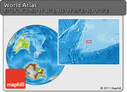 Physical Location Map of the Area around 53° 24' 42" S, 166° 40' 30" E