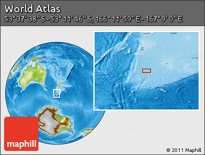 Physical Location Map of the Area around 53° 24' 42" S, 166° 40' 30" E
