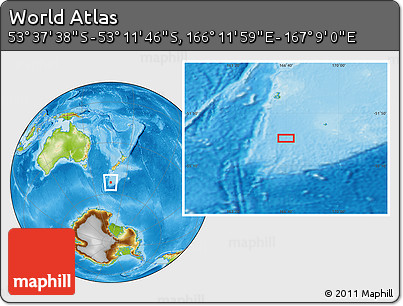 Physical Location Map of the Area around 53° 24' 42" S, 166° 40' 30" E