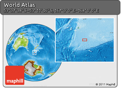 Physical Location Map of the Area around 53° 24' 42" S, 167° 31' 30" E