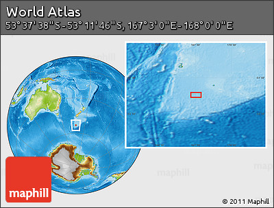 Physical Location Map of the Area around 53° 24' 42" S, 167° 31' 30" E