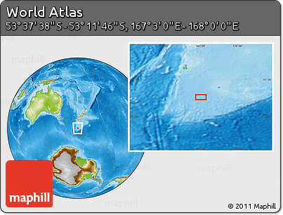 Physical Location Map of the Area around 53° 24' 42" S, 167° 31' 30" E
