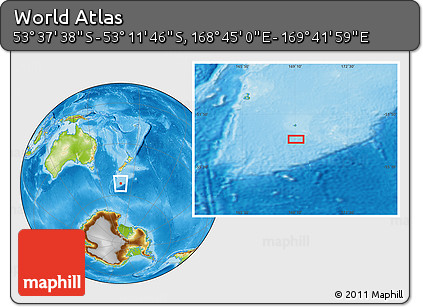 Physical Location Map of the Area around 53° 24' 42" S, 169° 13' 29" E