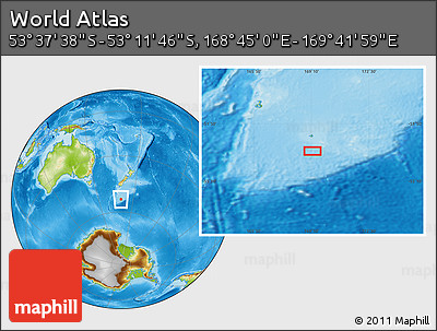 Physical Location Map of the Area around 53° 24' 42" S, 169° 13' 29" E