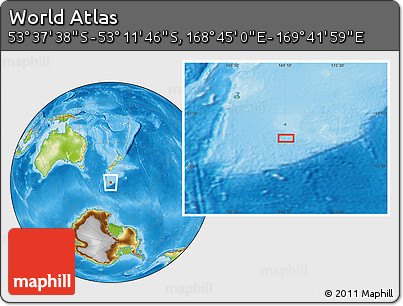 Physical Location Map of the Area around 53° 24' 42" S, 169° 13' 29" E