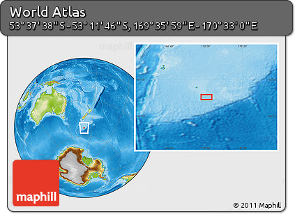 Physical Location Map of the Area around 53° 24' 42" S, 170° 4' 29" E