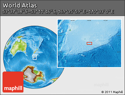 Physical Location Map of the Area around 53° 24' 42" S, 170° 4' 29" E