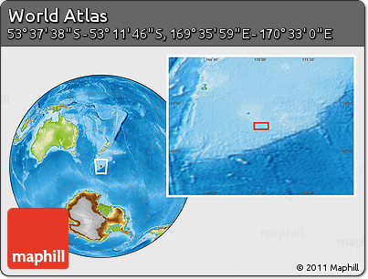 Physical Location Map of the Area around 53° 24' 42" S, 170° 4' 29" E