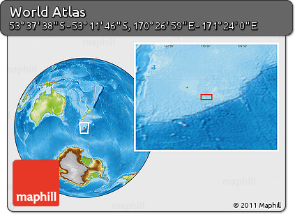 Physical Location Map of the Area around 53° 24' 42" S, 170° 55' 30" E