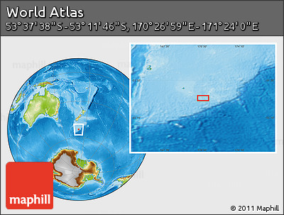 Physical Location Map of the Area around 53° 24' 42" S, 170° 55' 30" E