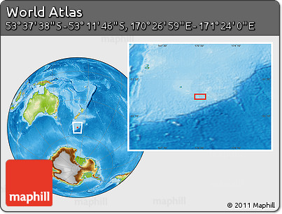 Physical Location Map of the Area around 53° 24' 42" S, 170° 55' 30" E