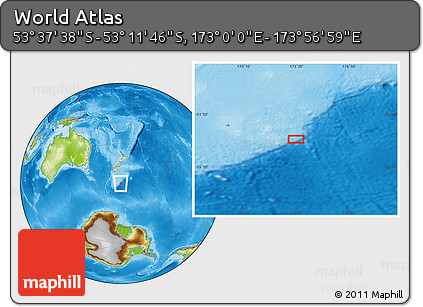 Physical Location Map of the Area around 53° 24' 42" S, 173° 28' 29" E