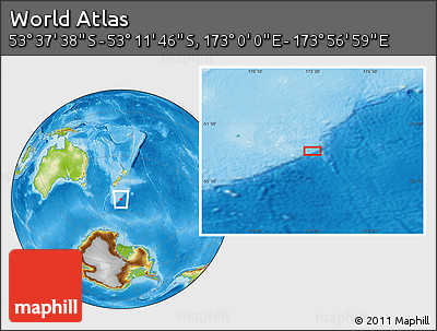 Physical Location Map of the Area around 53° 24' 42" S, 173° 28' 29" E