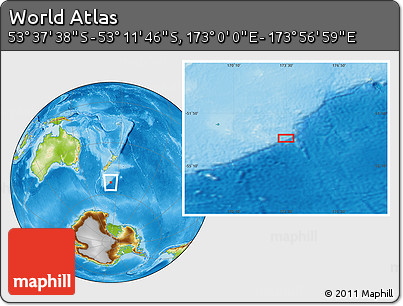 Physical Location Map of the Area around 53° 24' 42" S, 173° 28' 29" E