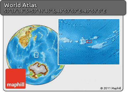 Physical Location Map of the Area around 53° 24' 42" S, 49° 22' 30" E
