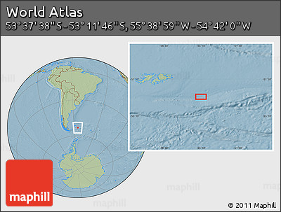 Savanna Style Location Map of the Area around 53° 24' 42" S, 55° 10' 29" W, hill shading