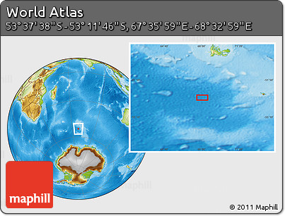 Physical Location Map of the Area around 53° 24' 42" S, 68° 4' 29" E