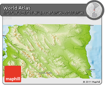 Physical 3D Map of the Area around 53° 24' 42" S, 71° 19' 29" W
