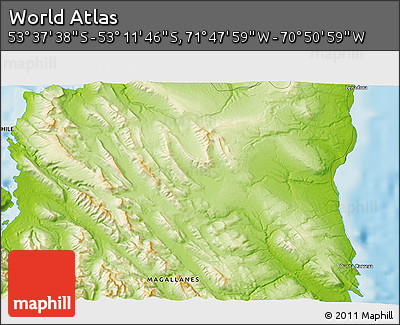 Physical 3D Map of the Area around 53° 24' 42" S, 71° 19' 29" W