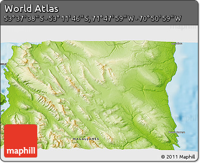Physical 3D Map of the Area around 53° 24' 42" S, 71° 19' 29" W