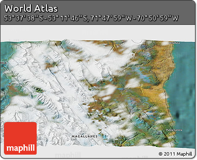 Satellite 3D Map of the Area around 53° 24' 42" S, 71° 19' 29" W