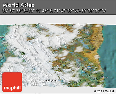 Satellite 3D Map of the Area around 53° 24' 42" S, 71° 19' 29" W