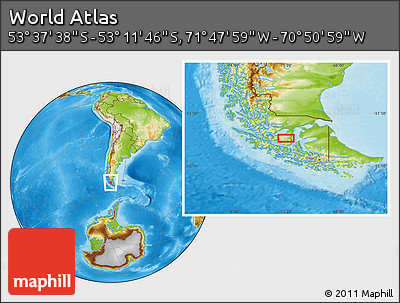 Physical Location Map of the Area around 53° 24' 42" S, 71° 19' 29" W