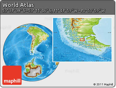 Physical Location Map of the Area around 53° 24' 42" S, 71° 19' 29" W